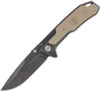 Smith & Wesson SW609 tactical flipper knife open with black stonewashed drop point blade and stainless steel handle featuring tan G10 inlay.