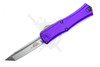 Microtech Mini Hera T/E OTF automatic knife with purple aluminum handle and satin M390MK tanto blade shown open, front side view.
