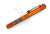 Side profile of the Microtech Mini Hera OTF knife highlighting the textured firing switch and orange anodized handle construction.