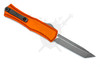 Microtech Mini Hera automatic knife with orange handle and black titanium pocket clip shown open, reverse side view.