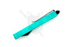 Closed teal OTF knife highlighting compact size and ergonomic shape.