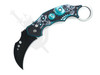 Green skull graphic karambit automatic knife with curved black blade open.