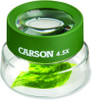 Carson BugLoupe magnifier placed over green leaf showing enlarged detail through lens