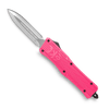 CobraTec CTK-1 OTF automatic knife pink handle double edge D2 blade open front view