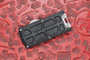 Microtech Exocet II black handle closed front side view with geometric milling pattern