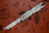 Microtech Ultratech Sand Trooper open blade close-up highlighting weathered finish and M390MK steel