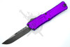 Microtech Combat Troodon Gen III purple OTF knife open with apocalyptic single edge drop point blade front view