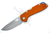 Buck 724 Mustang folding knife open with orange aluminum handle and bead blasted drop point blade