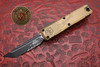 Microtech UTX-85 Gen IV OTF knife tan handle black tanto partially serrated blade deployed front view