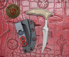 Microtech Marfione Select Bastinelli Bee fixed blade with included black Kydex sheath and bronze-accented hardware displayed on red leather background.