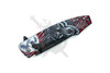 Closed Red Wolf Moon folding knife featuring howling wolf and moon artwork on red aluminum handle
