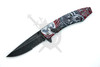 Open Red Wolf Moon assisted pocket knife with half serrated black stonewashed blade and red wolf scene handle