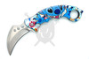 Open blue alien inspired karambit folding knife with curved satin blade and finger ring handle