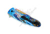 Rear view of mermaid pocket knife showing carry clip and textured aluminum frame