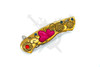 Closed gold fantasy folding knife with raised pink hearts and engraved rose detailing