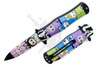 Labubu Monster Squad spring assisted folding knife open and closed showing colorful pastel monster artwork with black hardware and pocket clip.