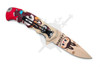 Rear angled view of the open Labubu assisted opening pocket knife showing black pocket clip