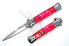 Italian style automatic switchblade knife with pink marble ABS handle inlay and mirror polish bayonet blade open beside closed view.