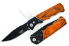 Automatic folding switchblade knife with red wood handle shown open and closed beside each other.