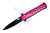 Open automatic folding knife with pink skeletonized aluminum handle and black blade.
