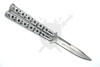 Chrome balisong butterfly knife partially open displaying stainless steel blade and circular cutout handle design.