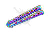 Closed neo-chrome butterfly knife with vibrant iridescent drilled stainless steel handles.