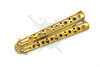 Folded gold titanium coated balisong knife showing polished stainless steel construction.