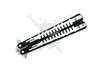 Folded tactical balisong knife with two-tone handle construction and latch lock system.
