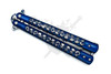 Closed butterfly knife with blue aluminum handles featuring raised skull designs.