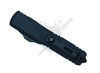 Reverse side of the closed Microtech UTX-70 Tactical displaying titanium pocket clip and glass breaker