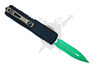 Reverse angle of the Microtech Jedi Master UTX-85 showing bronze titanium pocket clip and green Cerakote dagger blade