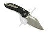 Microtech M-Stitch RAM-LOK manual folder showing clip side with black aluminum handle and apocalyptic Wharncliffe blade