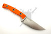 Reverse view of Microtech Akris fixed blade showing M390MK blade markings and Ember Orange G10 handle