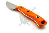Side profile of Microtech Akris fixed blade with ergonomic Ember Orange G10 handle