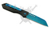 Reverse view of Heretic Knives Jinn automatic folder with carbon fiber handle and Metallic Teal pocket clip