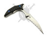 Front view of the Marfione Select Bee push dagger with black carbon fiber handle and stonewashed full serrated hawkbill blade