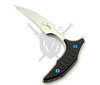 Angled view of the Marfione Select Bee fixed blade showing blue titanium hardware and ergonomic push dagger handle