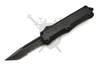 Close-up of the Armed Force Tactical Carbon-Weave Strike OTF automatic knife with partially serrated stonewashed tanto blade deployed