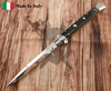 Frank Beltrame 11-inch Italian stiletto automatic knife with genuine dark buffalo horn handle and mirror polished bayonet blade open