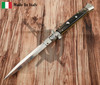 Frank Beltrame 11-inch Italian stiletto automatic knife with genuine dark buffalo horn handle and mirror polished spear point blade open