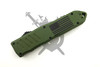 Closed Armed Force Tactical OTF knife featuring OD green handle with black American flag graphic