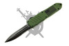 Armed Force Tactical Stars & Stripes OTF automatic knife with OD green USA flag handle and stonewashed partially serrated dagger blade open