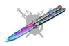Mirage Scales Performance butterfly balisong knife with rainbow neochrome clip point blade and engraved dragon steel handles open