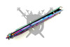 Side profile of Mirage Scales Performance rainbow butterfly knife showing steel channel construction and latch mechanism