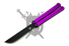 Armed Force Tactical Purple Channel-Glide butterfly balisong knife open with black plain edge blade and purple aluminum handles