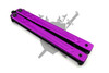 Alternate closed view of the Purple Channel-Glide butterfly knife highlighting the T-latch and purple handle finish