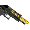Close-up of Golden Eagle 3339 Hive vented slide with exposed gold fluted barrel and fiber optic front sight