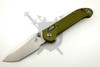 Microtech LUDT RAM-LOK manual folding knife with stonewashed M390MK tanto blade and OD Green Frag-machined aluminum handle open.