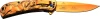 Reverse side of the Masters Collection MC-A031GD displaying gold sculpted horse handle, pocket clip, and TiNite coated blade.