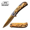 Masters Collection MC-A031GD spring assisted folding knife featuring gold wild horse sculpted handle and matching TiNite coated blade.
